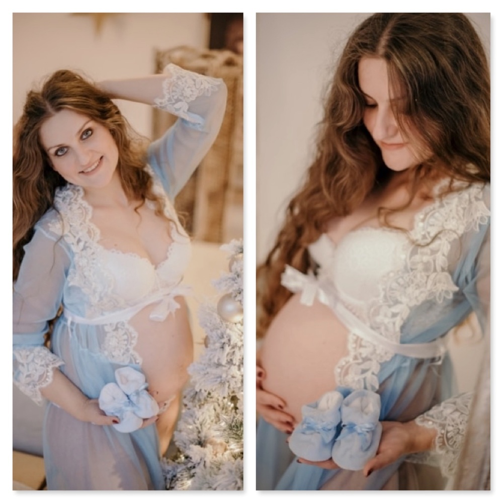 Maternity Photoshoot Lace on Mesh Gown Robe - Picture 3 of 10